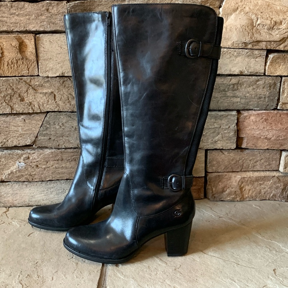 Born sz 9 black leather heeled tall boots